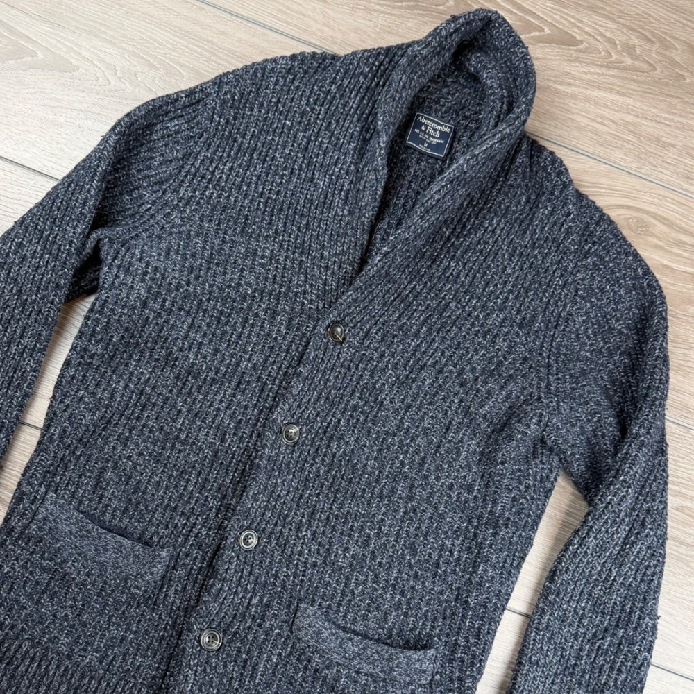 Abercrombie & Fitch Mens Cardigan Shawl Collar Ribbed Knit Grey Marl Medium